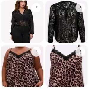 Torrid Leopard Cami Top & Black Blouse Woman Plus 6X Floral Lace Sheer Witch Euc